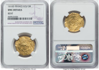 Louis XIII gold Ecu d'Or 1616-D UNC Details (Bent) NGC, Lyon mint, KM57, Gad-55. A fleeting issue that rarely comes up for sale, this example is sure ...