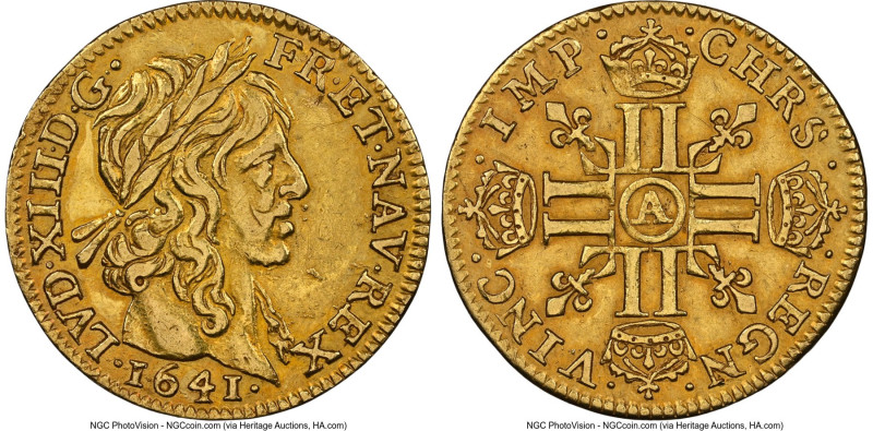 Louis XIII gold 1/2 Louis d'Or 1641-A AU Details (Cleaned) NGC, Paris mint, KM10...