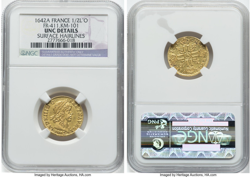 Louis XIII gold 1/2 Louis d'Or 1642-A UNC Details (Surface Hairlines) NGC, Paris...