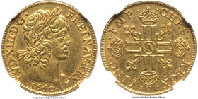 Louis XIII gold Louis d'Or 1640-A MS61 NGC, Paris mint, KM105, Fr-410, Gad-58 (R). Meche courte. "IMP" variety. A beautifully struck and finely preser...