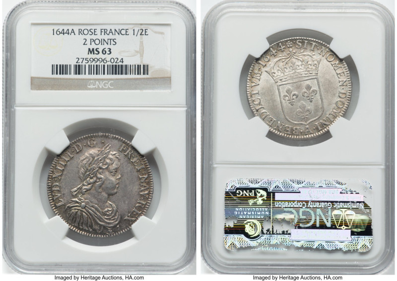 Louis XIV 1/2 Ecu 1644-A (Rose) MS63 NGC, Paris mint, KM163.1, Gad-168. 2 Points...
