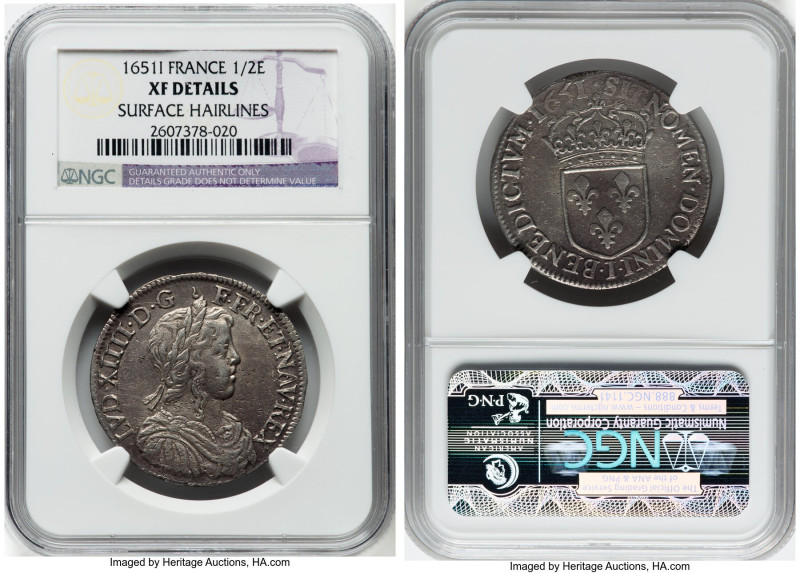 Louis XIV 1/2 Ecu 1651-I XF Details (Surface Hairlines) NGC, Limoges mint, KM164...