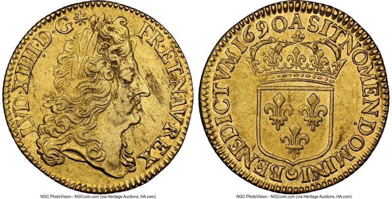 Louis XIV gold 2 Louis d'Or 1690-A AU Details (Obverse Cleaned) NGC, Paris mint,...