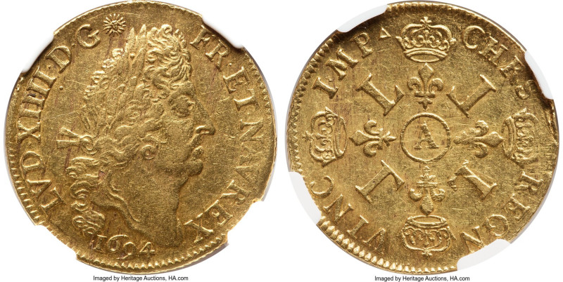 Louis XIV gold 2 Louis d'Or 1694-A AU53 NGC, Paris mint, KM303.1, Gad-260 (R2). ...