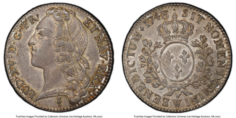 Louis XV 1/2 Ecu 1748-W MS62 PCGS, Lille mint, KM516.21, Dup-1681. An awesome "d...