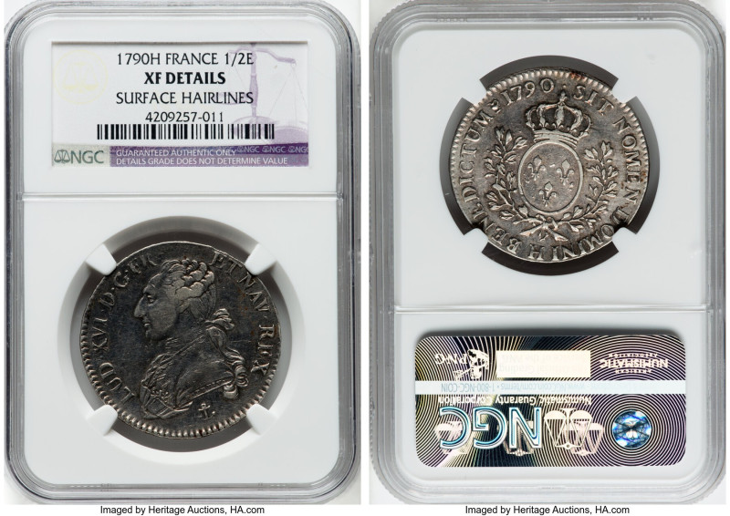 Louis XVI 1/2 Ecu 1790-H XF Details (Surface Hairlines) NGC, La Rochelle mint, K...