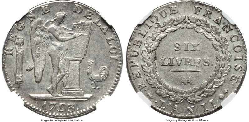 Republic 6 Livres L'An II (1793/1794)-AA AU58 NGC, Metz mint, KM624.2, Dav-1336....