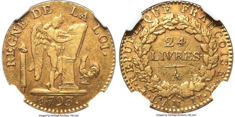 Republic gold 24 Livres 1793-A XF45 NGC, Paris mint, KM626.1, Gad-62, Fr-478. A ...