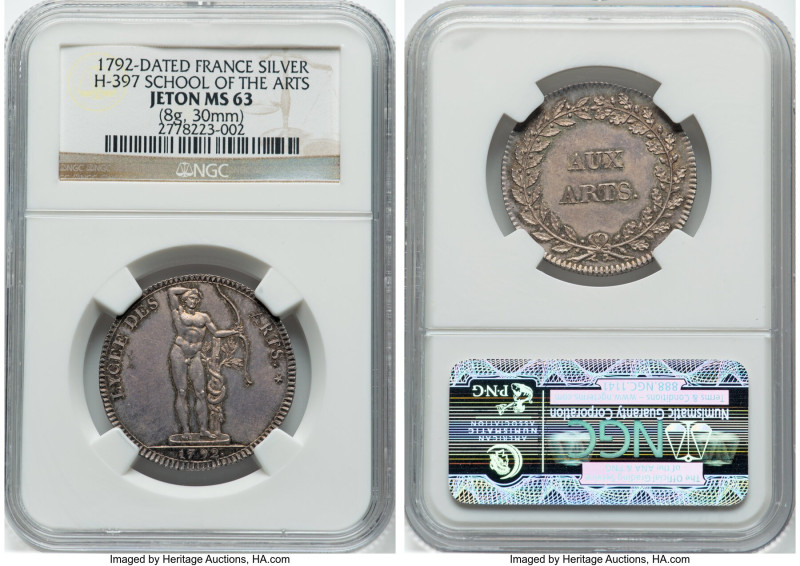 Republic silver "School of the Arts" Jeton 1792-Dated MS63 NGC, H-397. 30mm. 8gm...