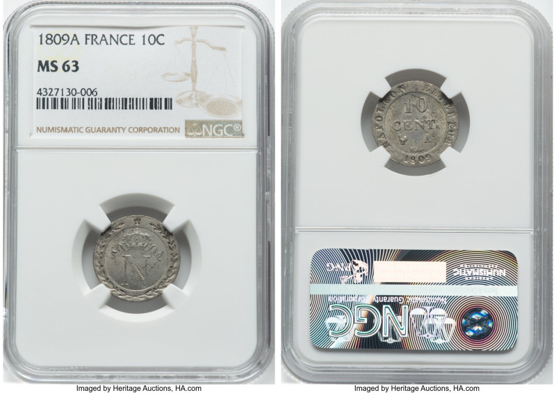 Napoleon 10 Centimes 1809-A MS63 NGC, Paris mint, KM676.1, Gad-190. An uncommon ...