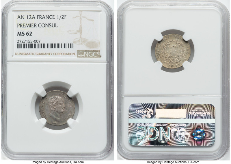 Napoleon 1/2 Franc L'An 12 (1803/1804)-A MS62 NGC, Paris mint, KM655.1. This sho...