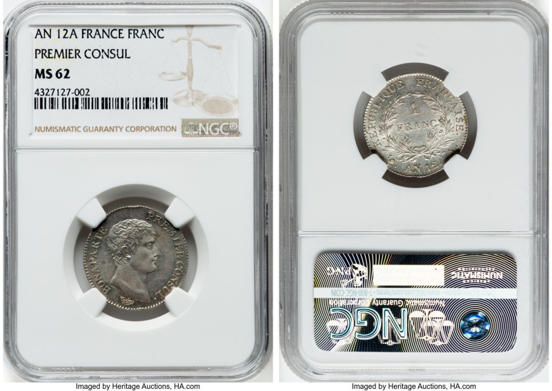 Napoleon Franc L'An 12 (1803/1804)-A MS62 NGC, Paris mint, KM649.1, Gad-442. Nap...