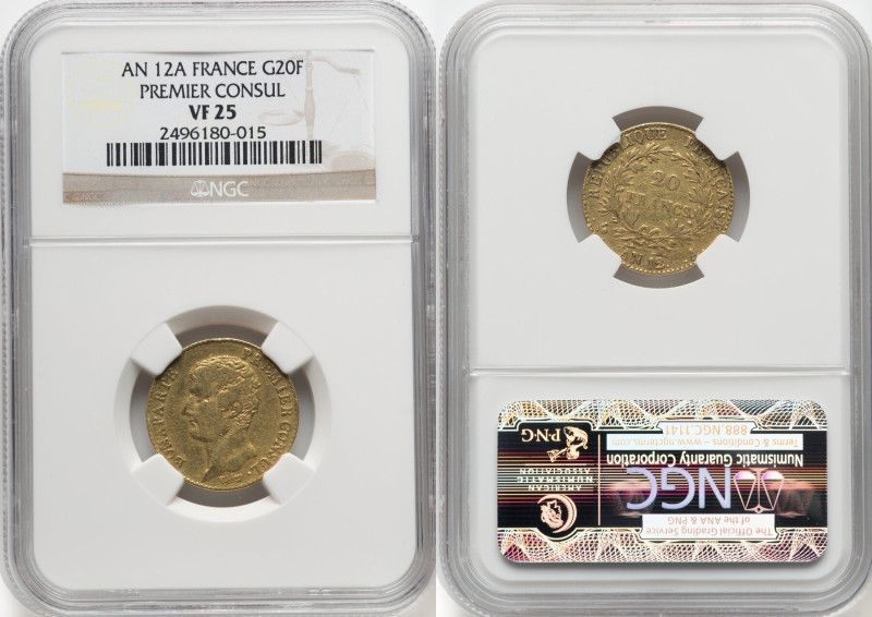 Napoleon gold 20 Francs L'An 12 (1803/1804)-A VF25 NGC, Paris mint, KM651. Napol...