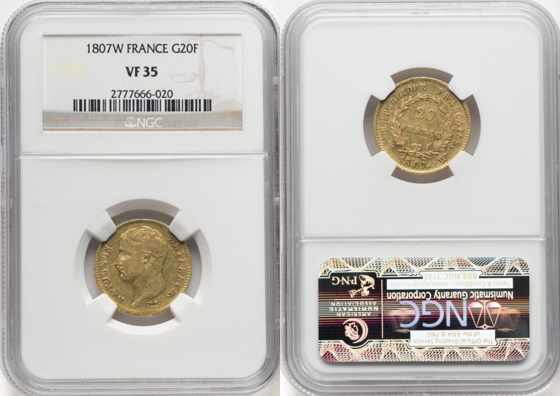 Napoleon gold 20 Francs 1807-W VF35 NGC, Lille mint, KM-A687.4. Handsome harvest...