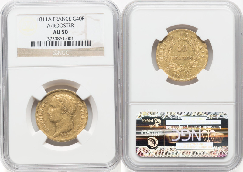 Napoleon gold 40 Francs 1811-A/(rooster) AU50 NGC, Paris mint, KM696.1.Fr-505. F...