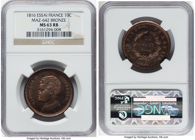 Napoleon II bronze Essai 10 Centimes 1816 MS63 Red and Brown NGC, KM-XE9, Maz-64...