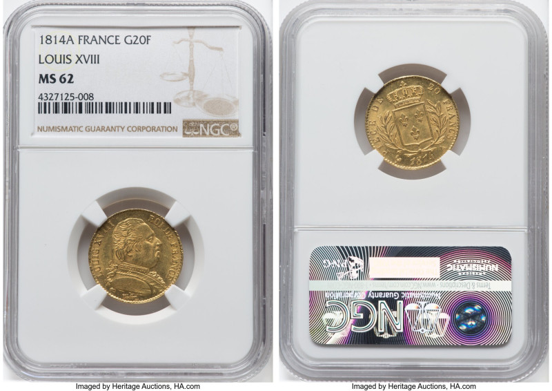 Louis XVIII gold 20 Francs 1814-A MS62 NGC, Paris mint, KM706.1, Fr-525. HID0980...