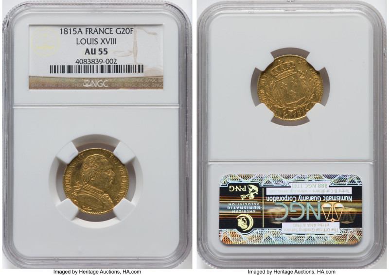 Louis XVIII gold 20 Francs 1815-A AU55 NGC, Paris mint, KM706.1, Gad-1026.20. Fr...