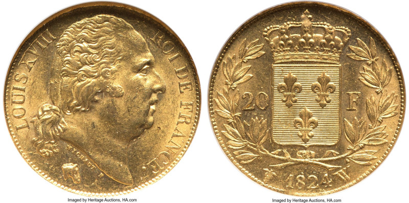 Louis XVIII gold 20 Francs 1824-W MS63 NGC, Lille mint, KM712.9, Fr-539. HID0980...