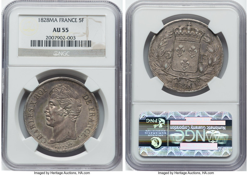 Charles X 5 Francs 1828-MA AU55 NGC, Marseille mint, KM728.10, Gad-344. HID09801...