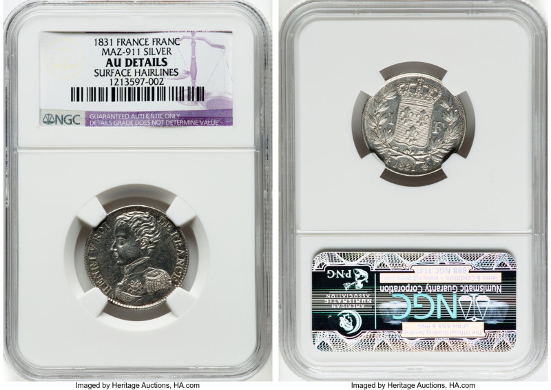 Henri V Pretender silver Essai Franc 1831 AU Details (Surface Hairlines) NGC, KM...