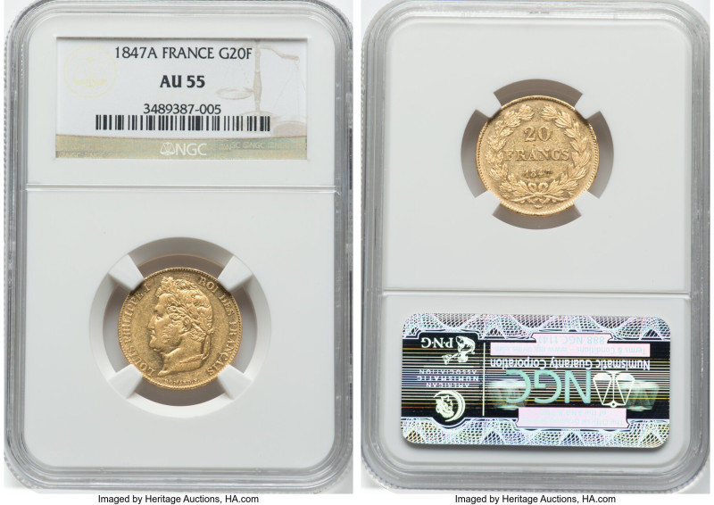 Louis Philippe gold 20 Francs 1847-A AU55 NGC, Paris mint, KM750.1. HID098012420...