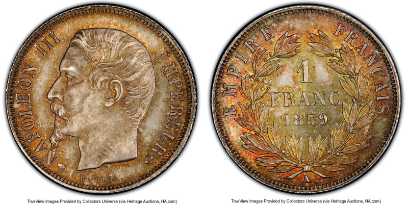 Napoleon III Franc 1859-A MS66 PCGS, Paris mint, KM779.1, Gad-460. Tied for the ...