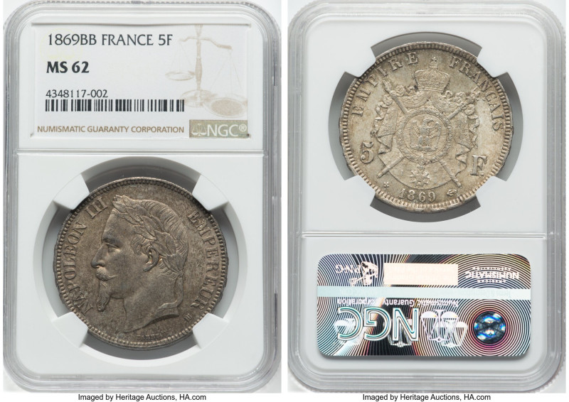 Napoleon III 5 Francs 1869-BB MS62 NGC, Strasbourg mint, KM799.2, Gad-739. HID09...