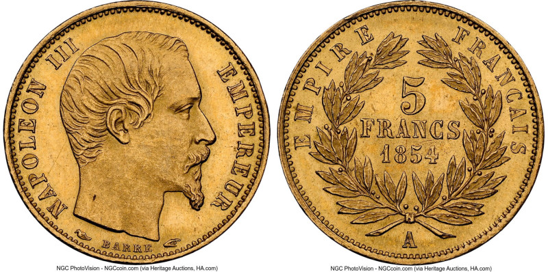 Napoleon III gold 5 Francs 1854-A MS63 NGC, Paris mint, KM783, Gad-1000. Plain E...