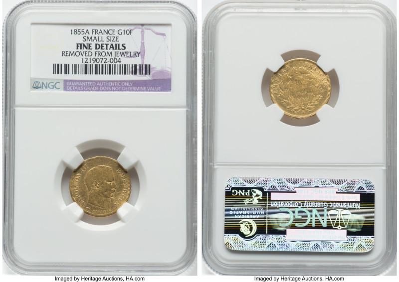 Napoleon III gold 10 Francs 1855-A Fine Details (Removed From Jewelry) NGC, Pari...