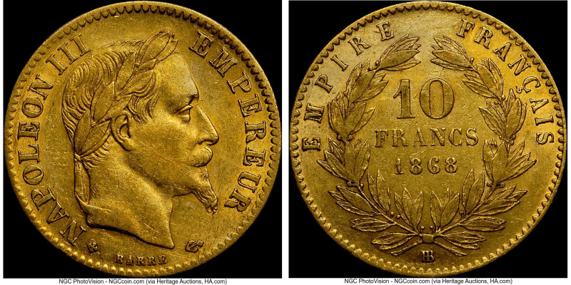 Napoleon III gold 10 Francs 1868-BB AU50 NGC, Strasbourg mint, KM800.2. Accompan...