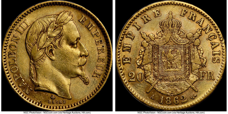 Napoleon III gold 20 Francs 1862-A AU50 NGC, Paris mint, KM801.1, Gad-1062. Acco...