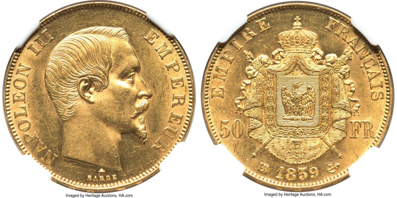 Napoleon III gold 50 Francs 1859-BB MS62 NGC, Strasbourg mint, KM785.2, Fr-572. ...