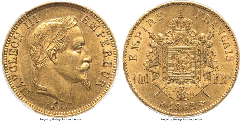 Napoleon III gold 100 Francs 1862-BB MS62 PCGS, Strasbourg mint, KM802.2, Gad-11...