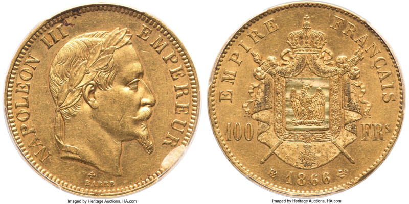 Napoleon III gold 100 Francs 1866-BB MS62 PCGS, Strasbourg mint, KM802.2, Gad-11...