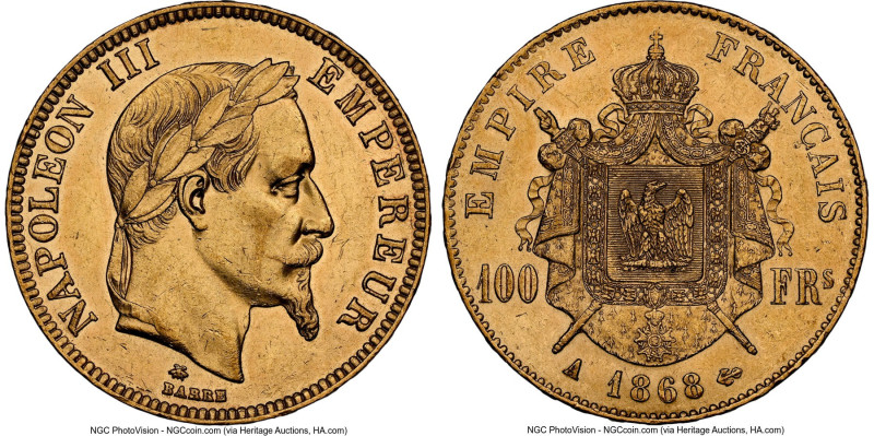 Napoleon III gold 100 Francs 1868-A AU58 NGC, Paris mint, KM802.1, Gad-1136. Min...