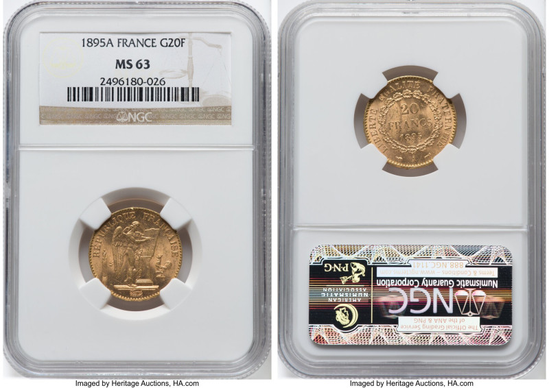 Republic gold 20 Francs 1895-A MS63 NGC, Paris mint, KM825, Gad-1063. HID0980124...