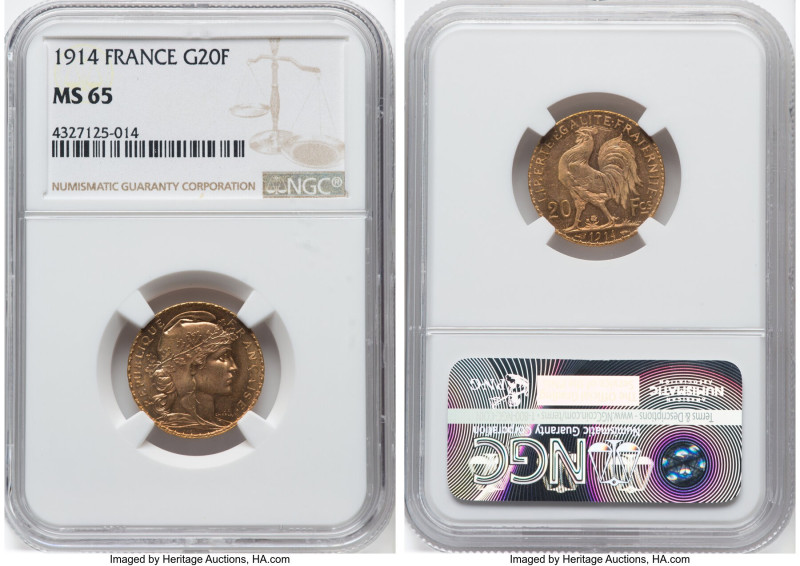 Republic gold 20 Francs 1914 MS65 NGC, Paris mint, KM857, Gad-1064a. HID09801242...