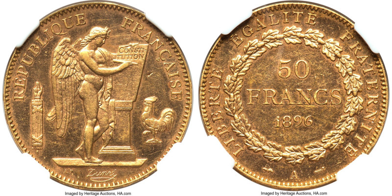 Republic gold 50 Francs 1896-A AU58 NGC, Paris mint, KM831, Fr-591. A scarcer da...