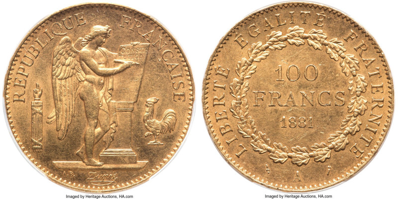 Republic gold 100 Francs 1881-A MS63 PCGS, Paris mint, KM832, Gad-1137, Fr-552. ...