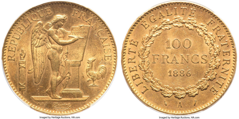 Republic gold 100 Francs 1886-A MS63 PCGS, Paris mint, KM832, Gad-1137, Fr-552. ...