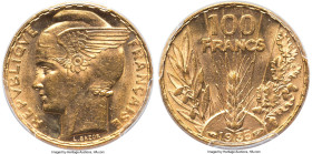 Republic gold 100 Francs 1935 MS64 PCGS, Paris mint, KM880, Fr-598, Gad-1148. By Bazor. One of the more beautifully designed French emissions from the...