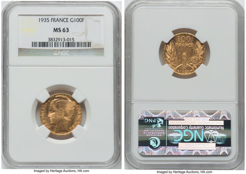 Republic gold 100 Francs 1935 MS63 NGC, Paris mint, KM880. HID09801242017 © 2023...