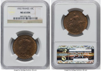 Republic Pair of Certified Assorted bronze Centimes Issues NGC, 1) Republic 10 Centimes 1902 MS65 Brown NGC, Paris mint, KM843 2) Republic 5 Centimes ...