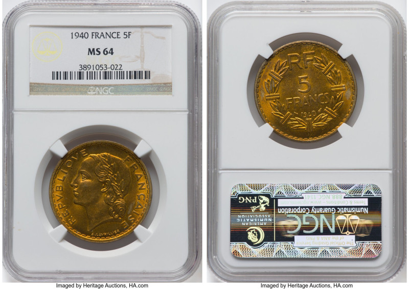 Republic 3-Piece Lot of Certified 5 Francs NGC, 1) aluminum-bronze 5 Francs 1940...