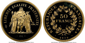 Republic gold Proof Piefort 50 Francs 1979 PR64 Ultra Cameo NGC, Paris mint, KM-P651, GEM-223.P2. Mintage: 400. A modern French rarity struck to a hea...
