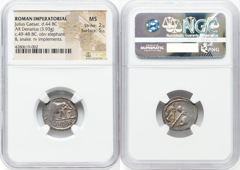 Julius Caesar, as Dictator (49-44 BC). AR denarius (17mm, 3.93 gm, 1h). NGC MS 2...