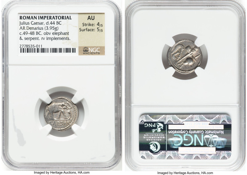 Julius Caesar, as Dictator (49-44 BC). AR denarius (17mm, 3.95 gm, 8h). NGC AU 4...