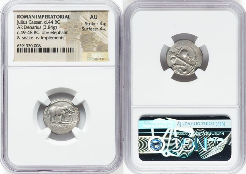 Julius Caesar, as Dictator (49-44 BC). AR denarius (18mm, 3.84 gm, 4h). NGC AU 4...