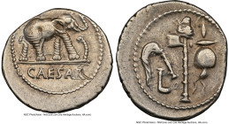 Julius Caesar, as Dictator (49-44 BC). AR denarius (19mm, 4.01 gm, 10h). NGC Choice XF 5/5 - 3/5, bankers mark. Military mint traveling with Caesar in...